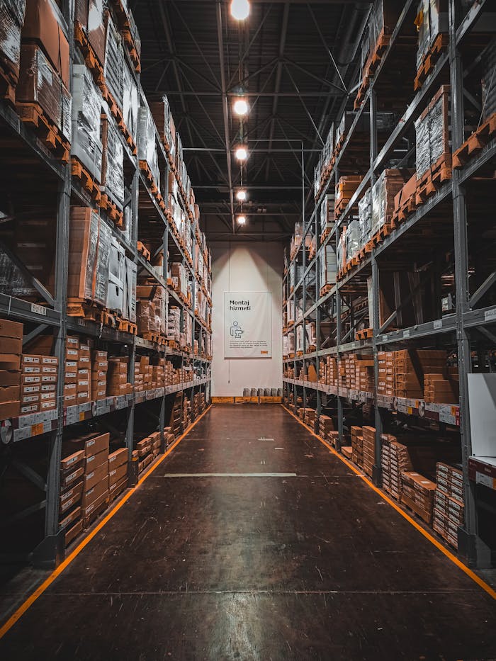 who-we-are A well-organized warehouse aisle with stacks of goods on industrial storage racks, ensuring efficient logistics.